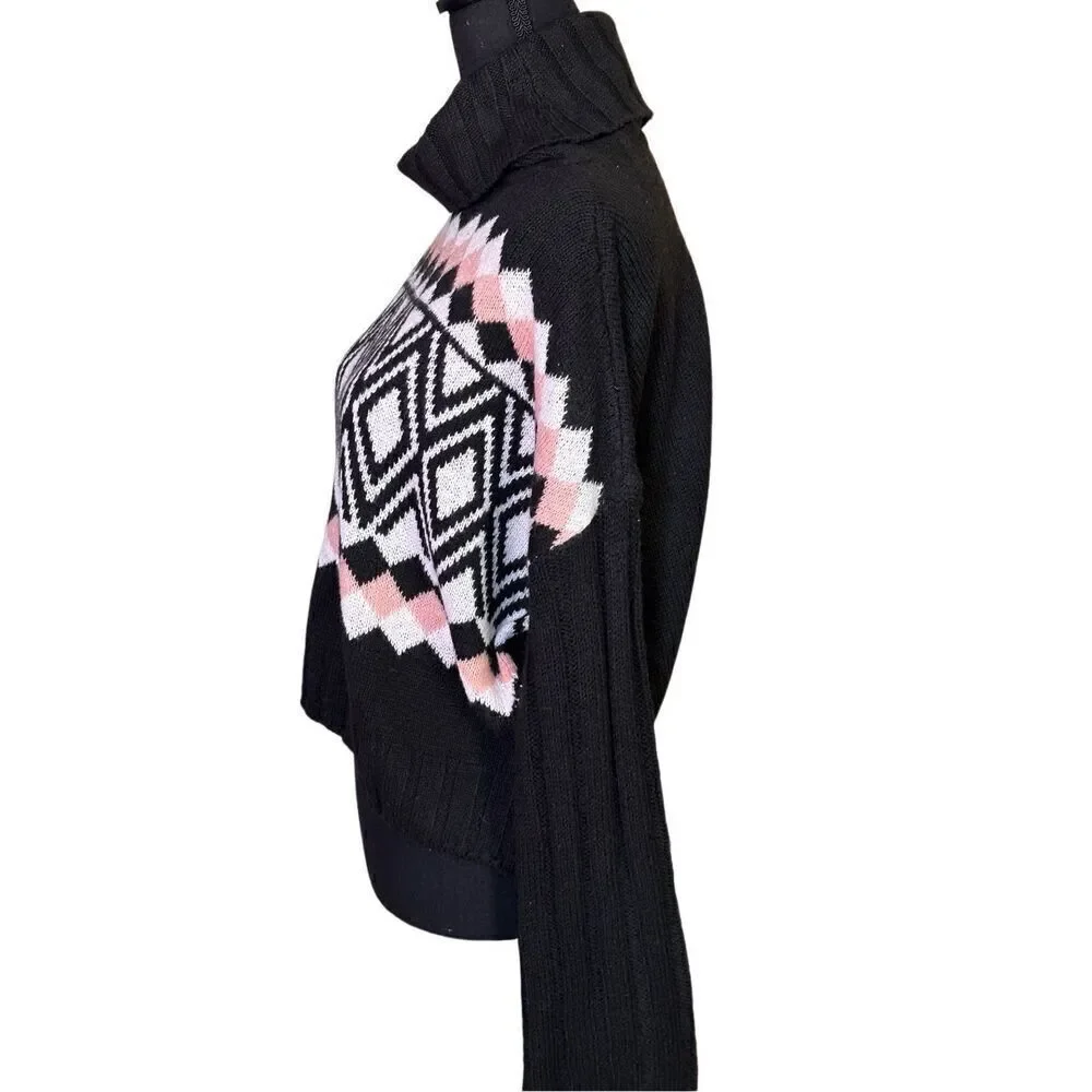 NWT SO Black, Pink & White Long Sleeved Cropped Textured Cowl Neck  Turtleneck A